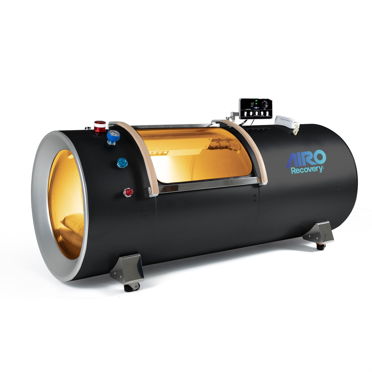 Side view of the View 34 - 2.0 ATA Hyperbaric Chamber showing its sleek design, durable construction, and pressure gauge