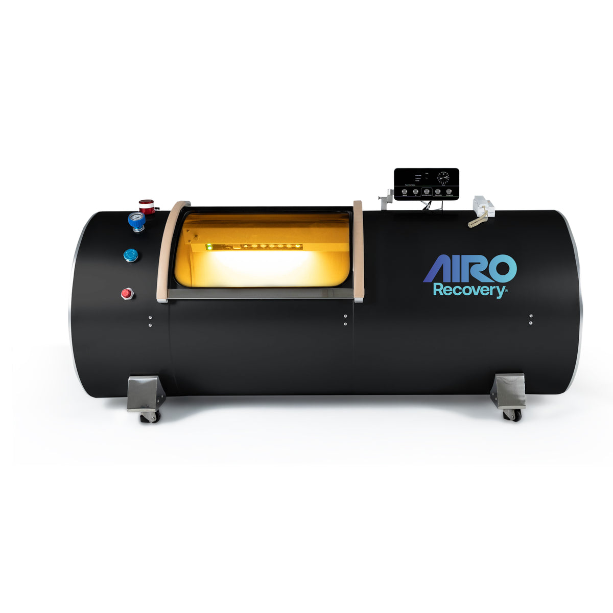 Front view of the Airo Recovery&#39;s View 34 - 2.0 ATA Hyperbaric Chamber showcasing its sleek design and large transparent window