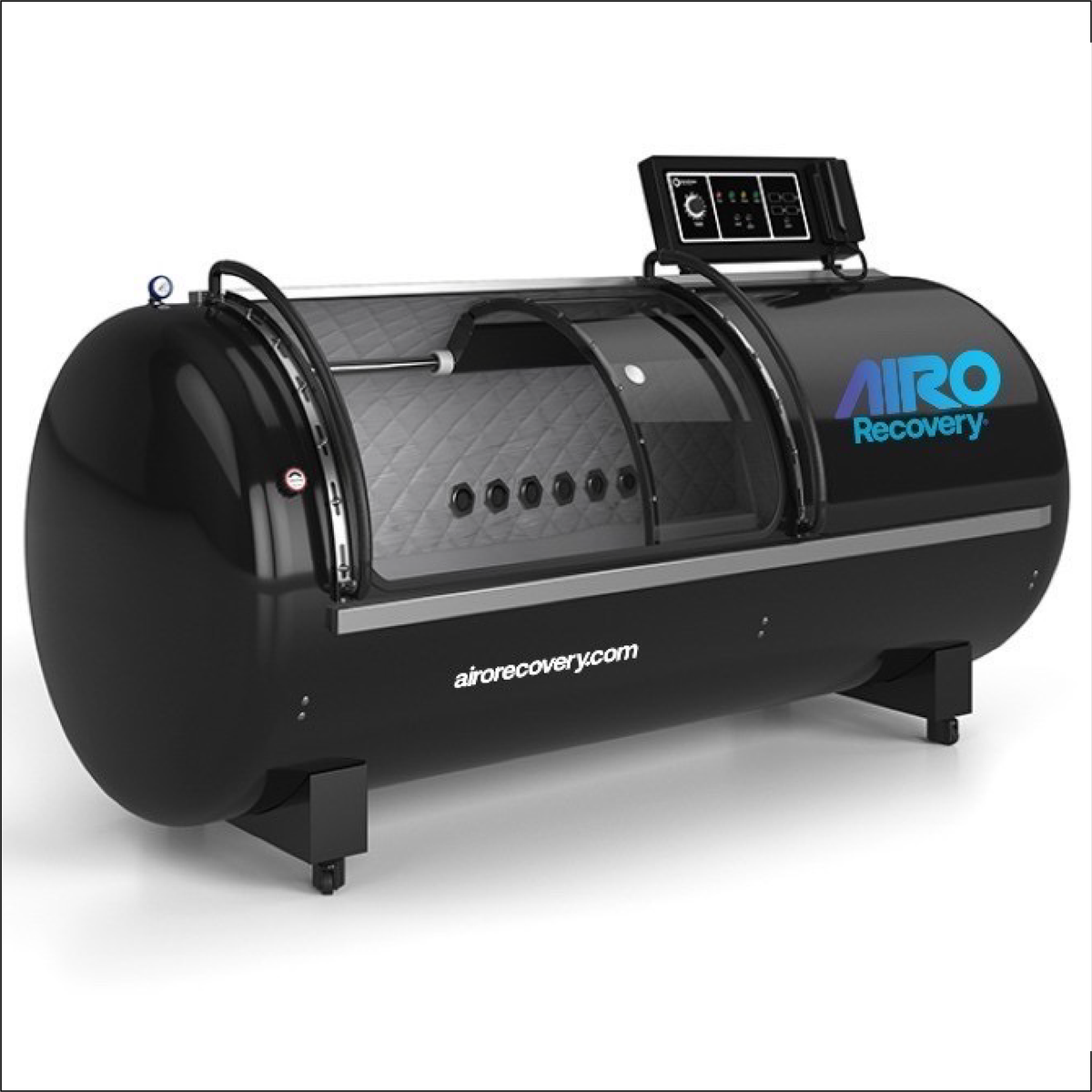 Primary 34 - 2.0 ATA Hyperbaric Chamber side view displaying the Airo Recovery logo on the front